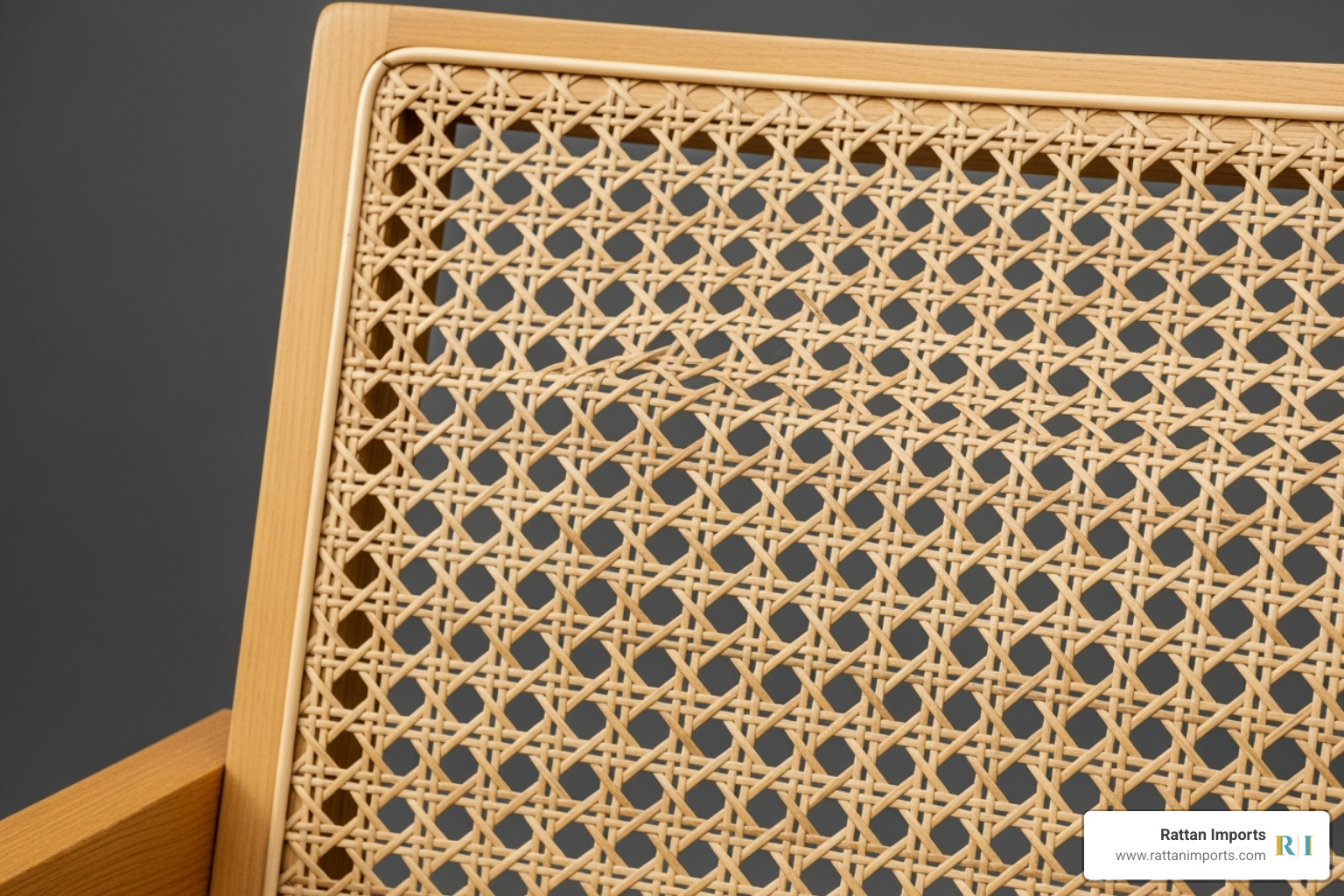 close-up shot showing the intricate weave of a cane chair back from Rattan Imports - cane bedroom chair
