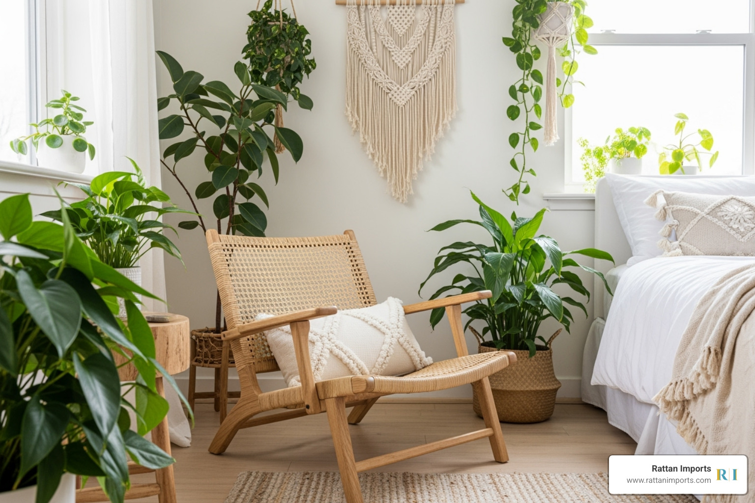 relaxed, low-profile cane chair (such as a lounge or accent chair) in a room with lots of plants, macrame, and light colors - cane bedroom chair