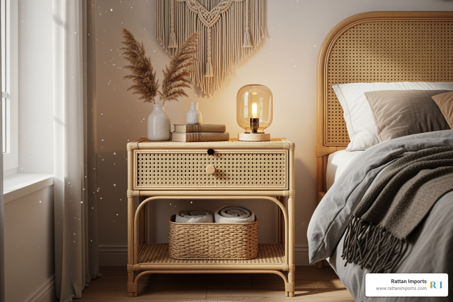 Bohemian rattan nightstand with a single drawer and open shelf - nightstand with rattan