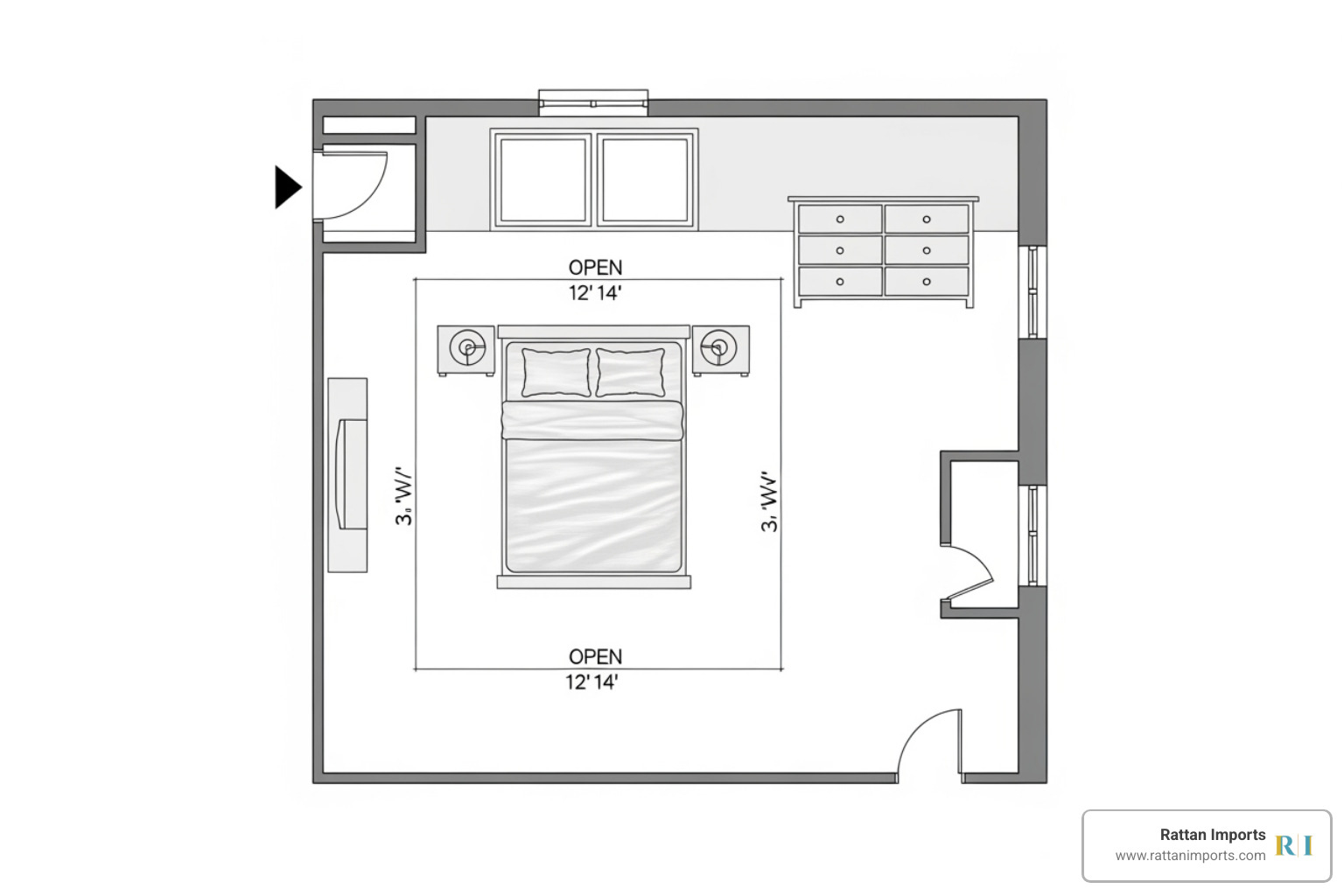 a floor plan showing ideal furniture placement in a bedroom - rattan dresser and nightstand set