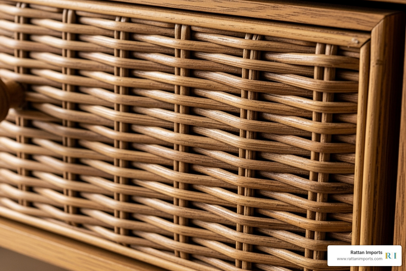 a close-up shot showing the detailed weave of a rattan drawer front - rattan dresser and nightstand set