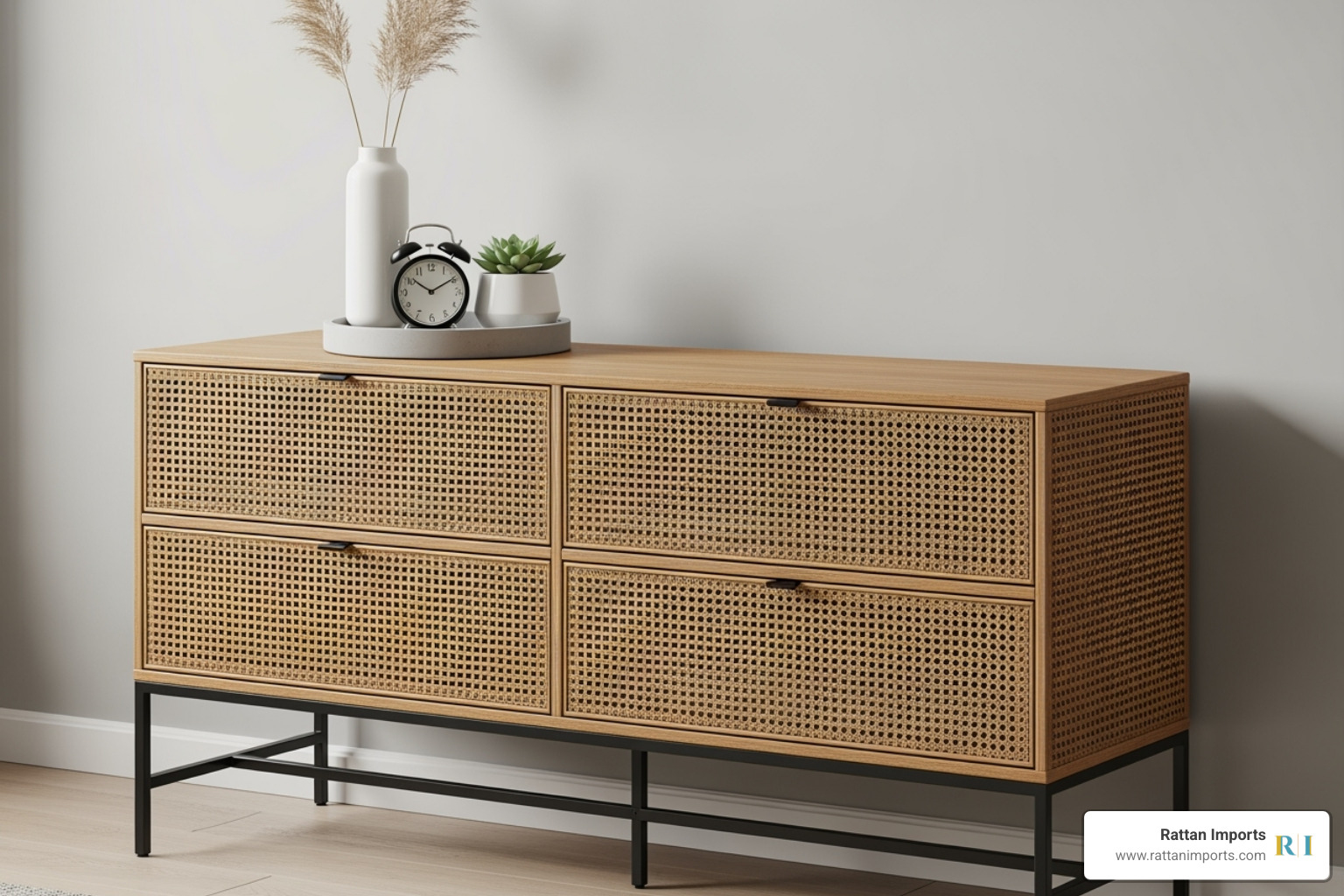 A modern rattan dresser with black metal legs and minimalist decor - rattan bedroom dresser A modern rattan dresser with black metal legs and minimalist decor - rattan bedroom dresser