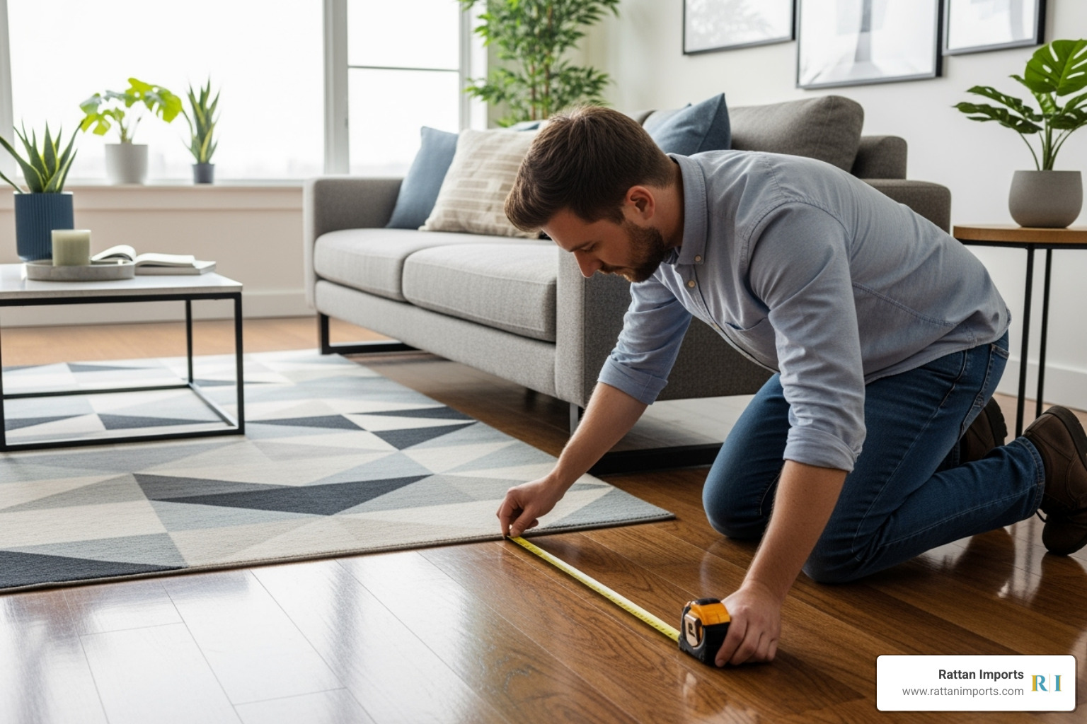 person measuring their living room space in front of a sofa - rattan coffee table black