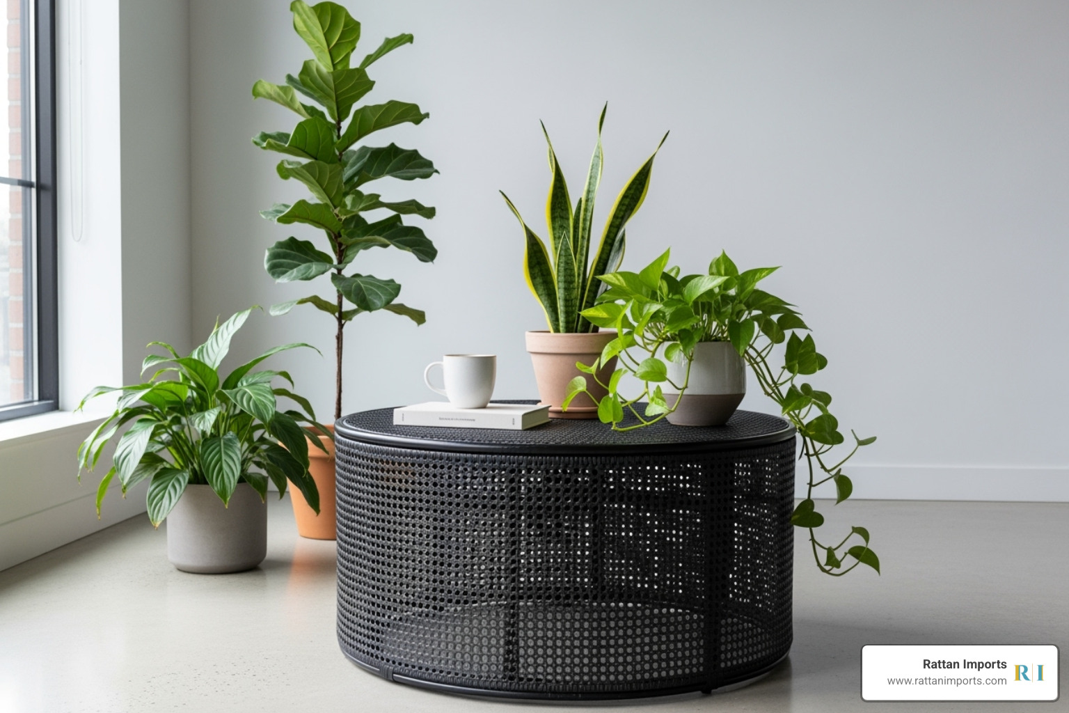 round black rattan coffee table in a minimalist, plant-filled room - rattan coffee table black