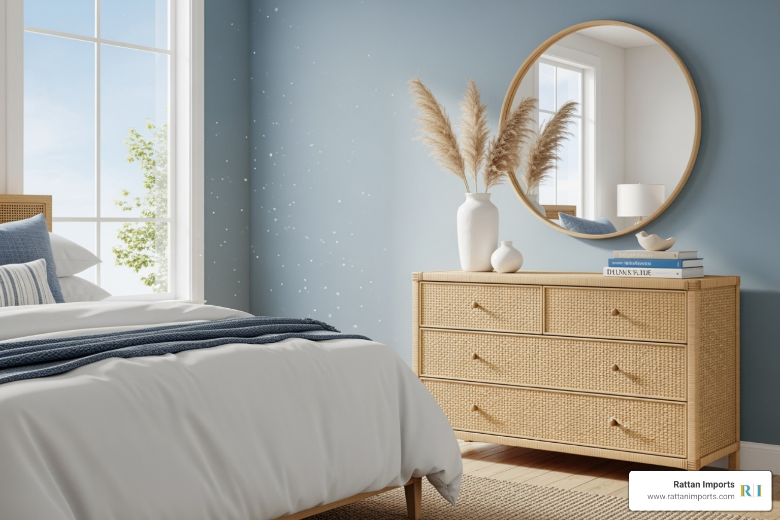 A coastal-style rattan dresser in a room with blue and white decor - rattan bedroom dresser A coastal-style rattan dresser in a room with blue and white decor - rattan bedroom dresser