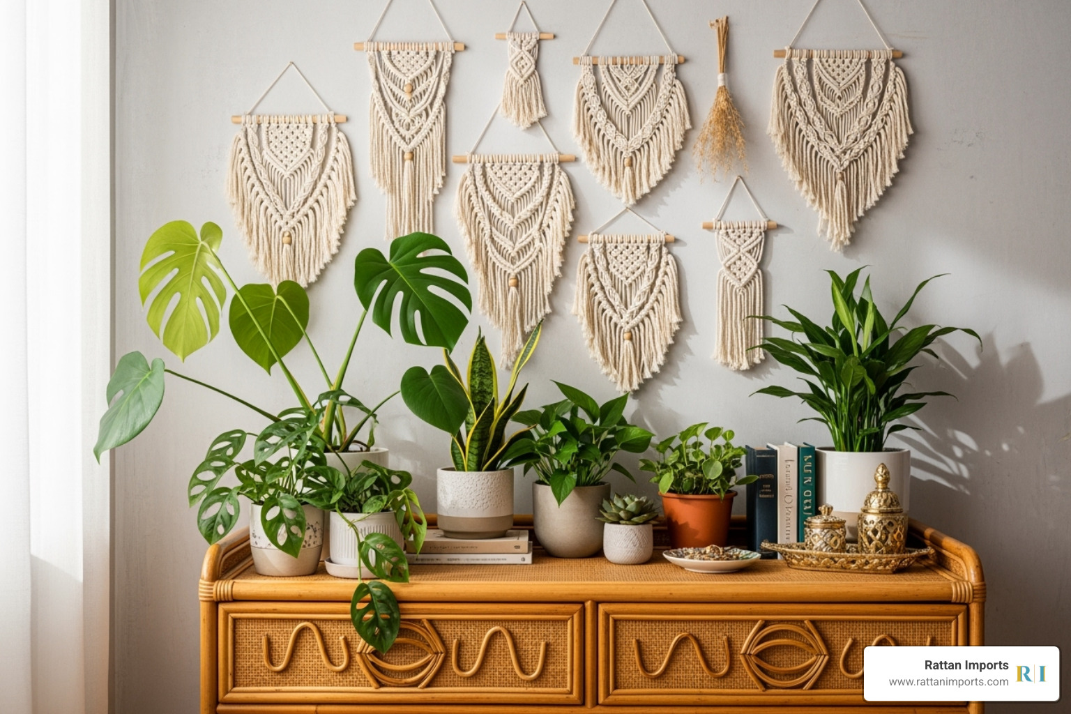 A boho-style rattan dresser with plants and macrame wall hangings - rattan bedroom dresser A boho-style rattan dresser with plants and macrame wall hangings - rattan bedroom dresser