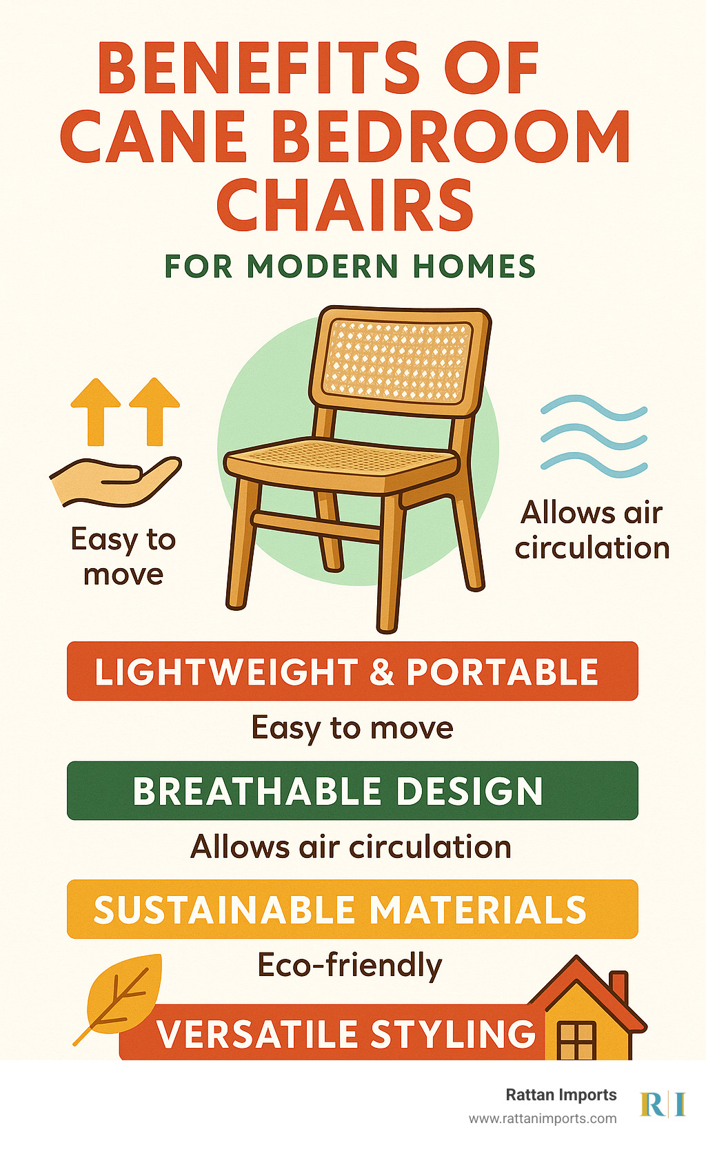 Benefits of cane bedroom chairs including lightweight portability, natural breathability, sustainable materials, and versatile styling options for modern homes - cane bedroom chair infographic 