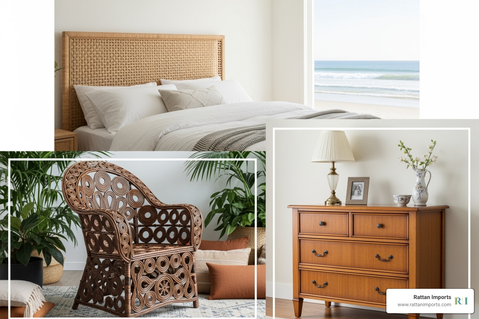 A collage showcasing different styles of brown wicker furniture: a coastal headboard with a minimalist design, a bohemian armchair with intricate weaving, and a traditional dresser with classic lines. - brown wicker bedroom furniture