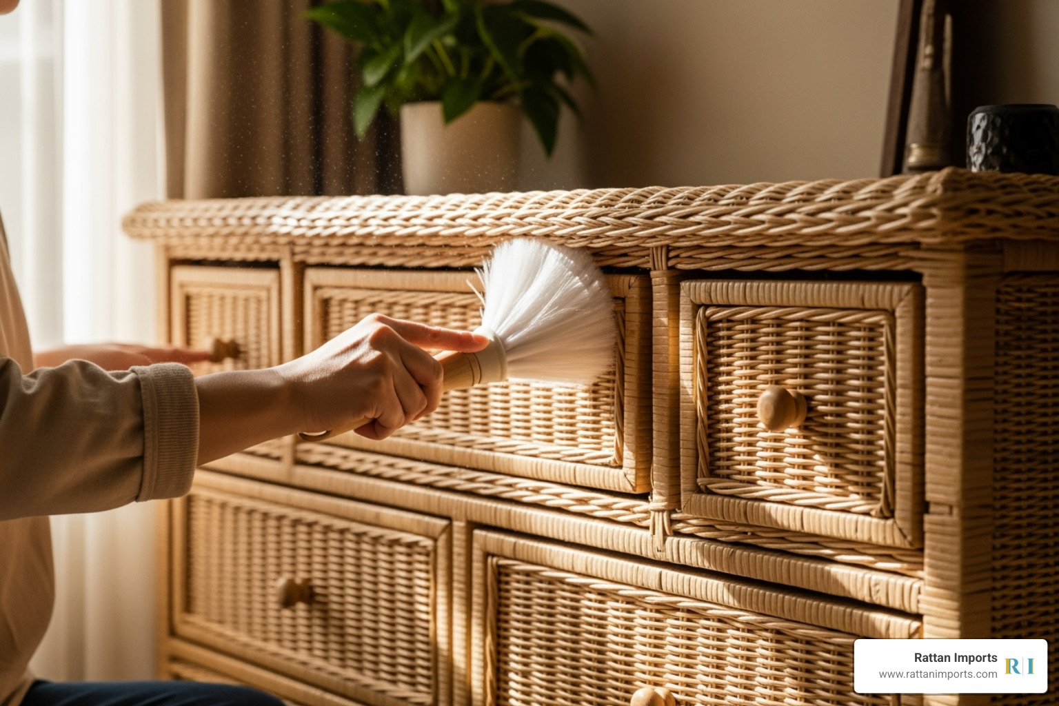 person gently dusting a wicker dresser with a soft brush - wicker bedroom furniture