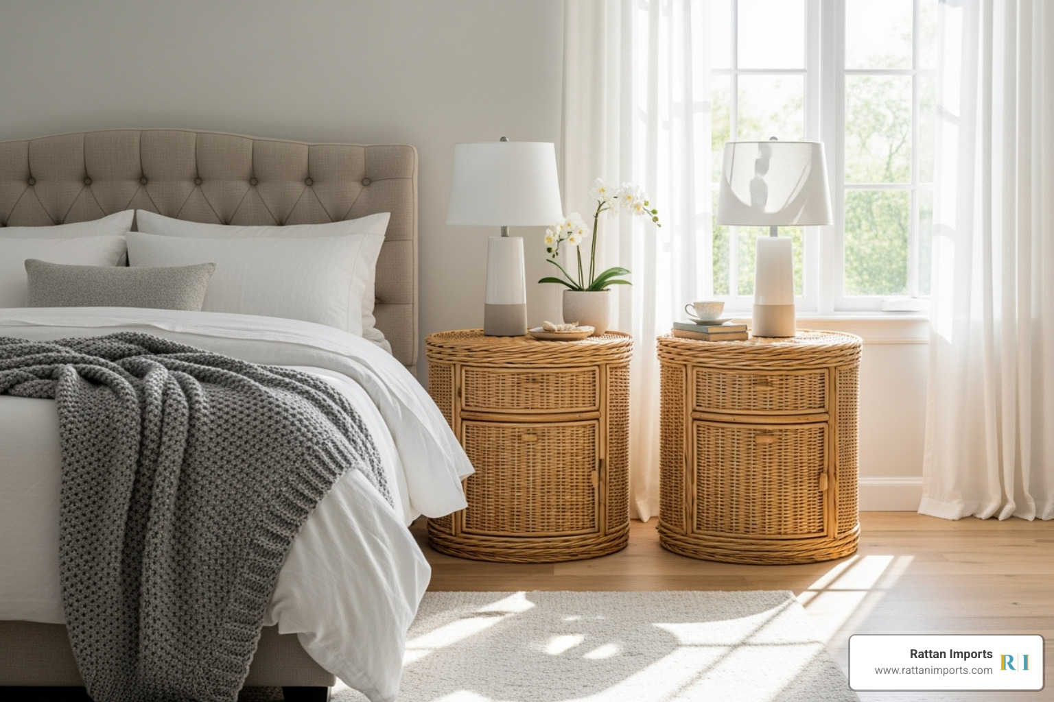 pair of chic wicker nightstands beside a bed - wicker bedroom furniture