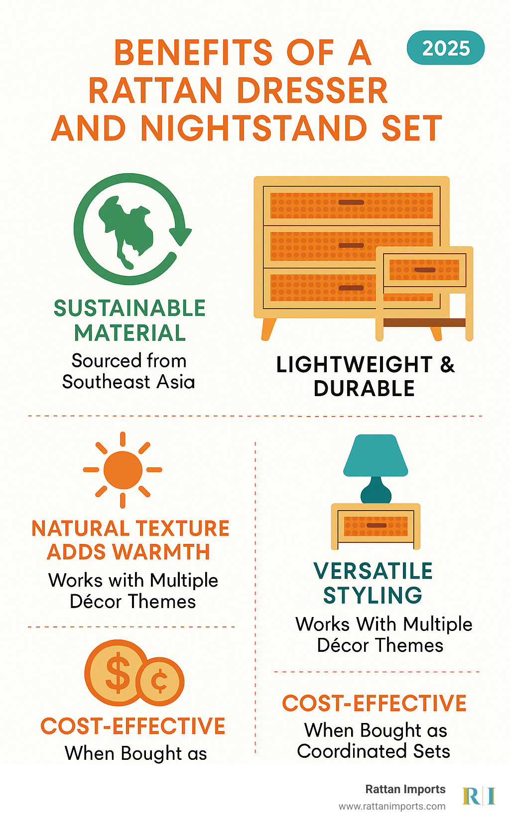 Infographic showing rattan furniture benefits: sustainable material sourced from Southeast Asia, lightweight yet durable construction, natural texture adds warmth, versatile styling works with multiple decor themes, cost-effective when bought as coordinated sets - rattan dresser and nightstand set infographic 