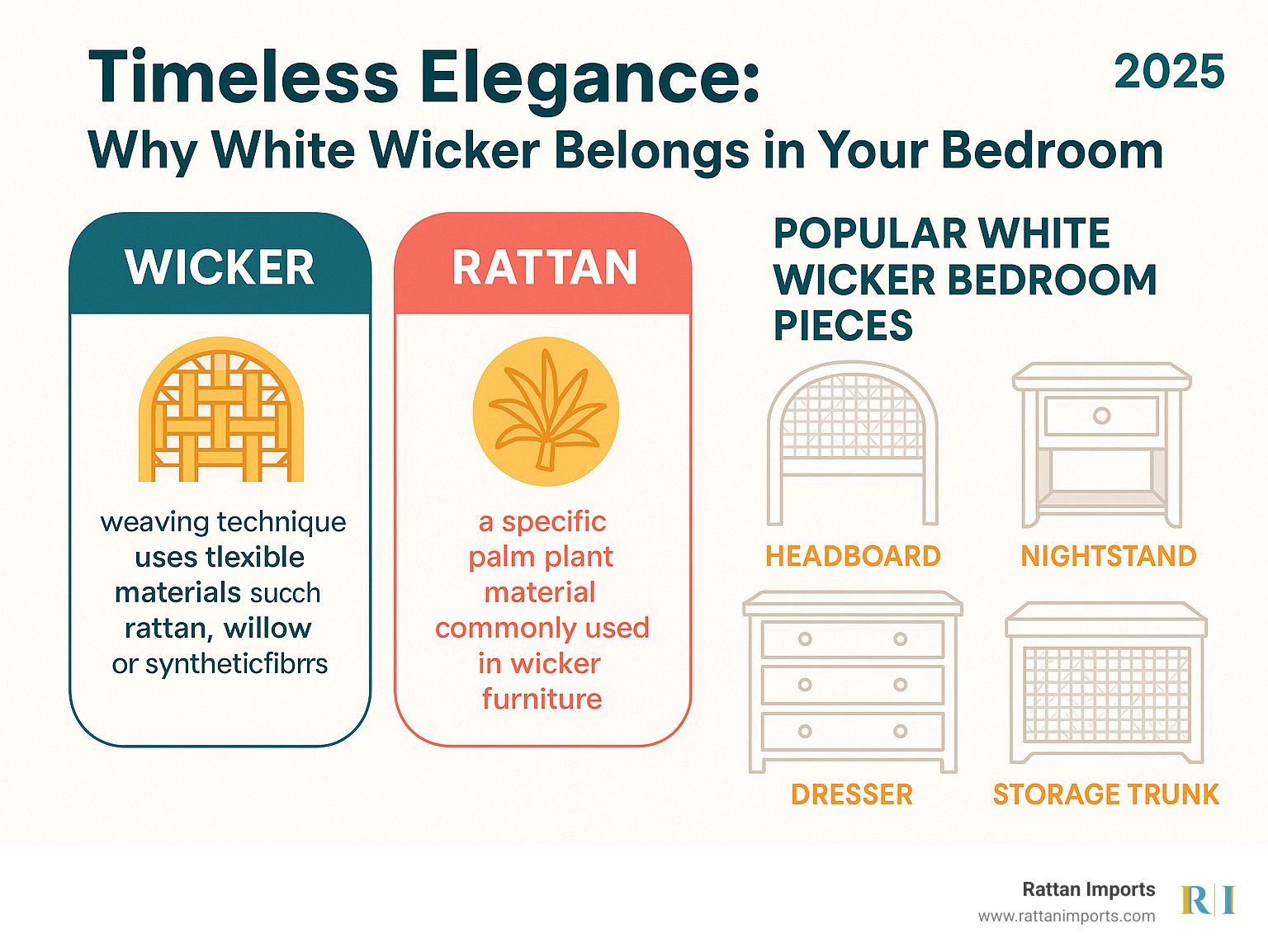 Infographic showing the difference between wicker (the weaving technique using flexible materials like rattan, willow, or synthetic fibers) and rattan (the specific palm plant material commonly used in wicker furniture), along with popular white wicker bedroom pieces including headboards, nightstands, dressers, and storage trunks - white wicker bedroom furniture infographic 