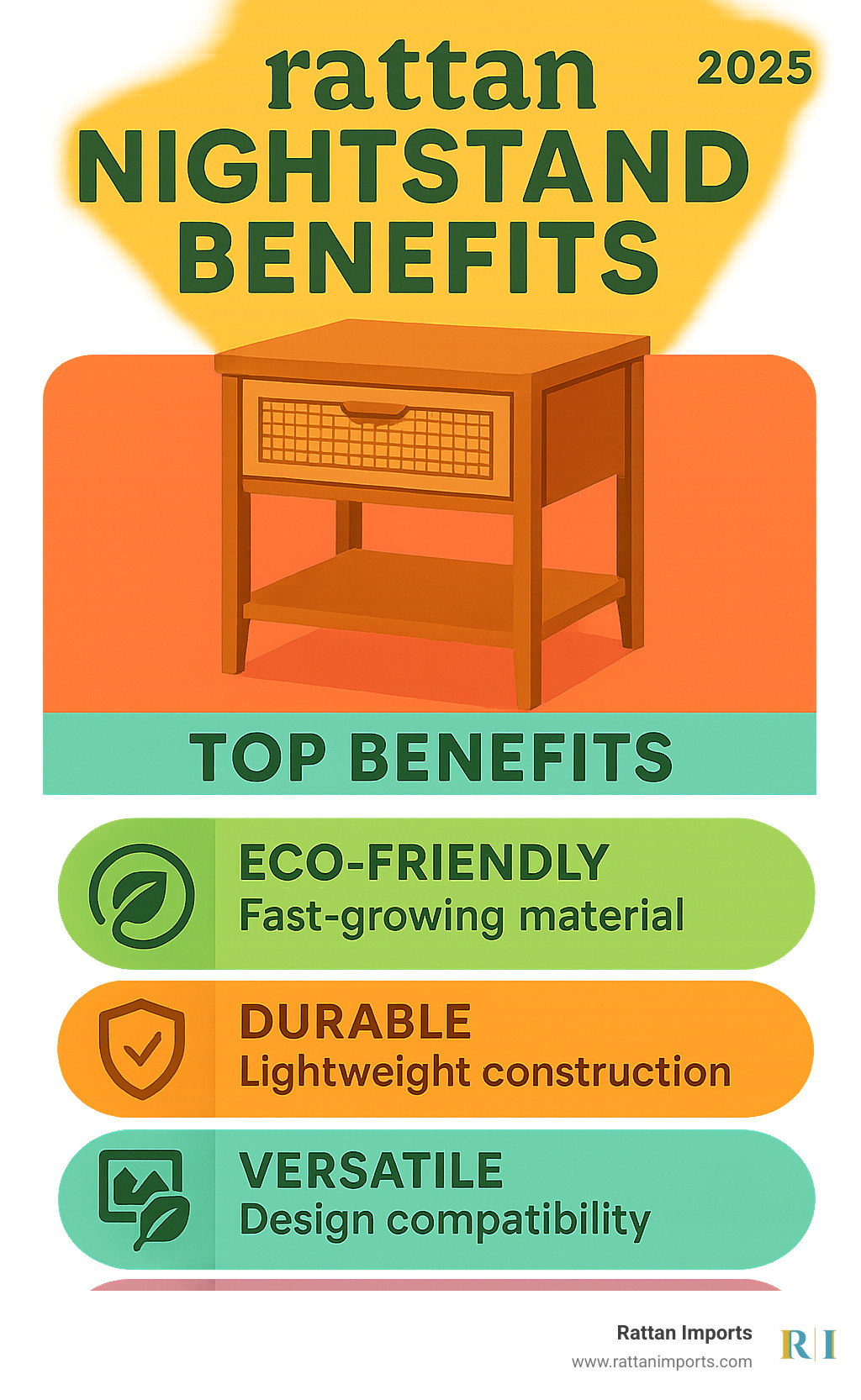 Infographic showing rattan nightstand benefits: eco-friendly fast-growing material, durable lightweight construction, versatile design compatibility, and unique handcrafted character - nightstand with rattan infographic 