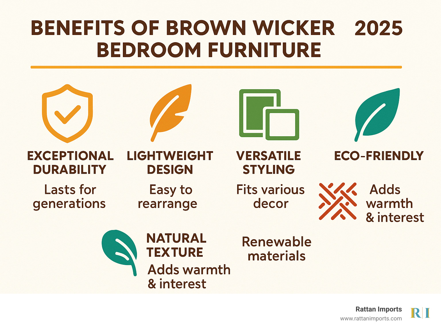 Infographic showing the top 5 benefits of choosing brown wicker bedroom furniture: exceptional durability lasting generations, lightweight design for easy rearrangement, versatile styling that complements multiple decor themes, natural texture that adds warmth and visual interest, and eco-friendly materials from renewable sources - brown wicker bedroom furniture infographic 