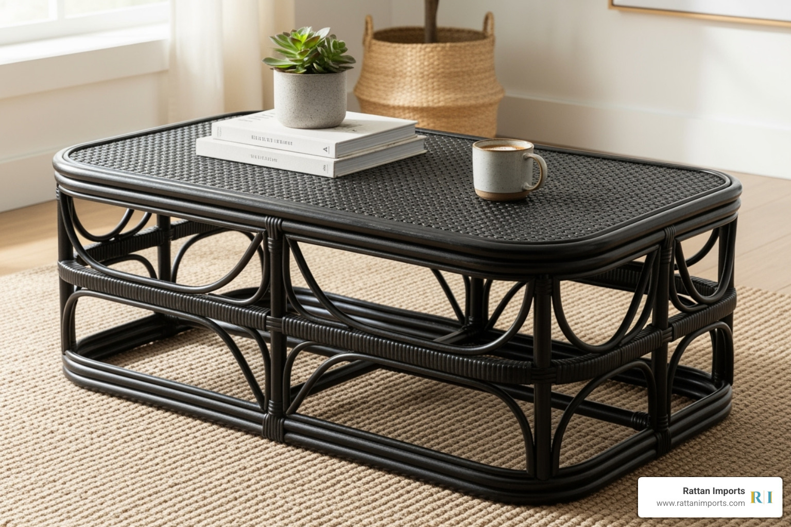 Black rattan coffee table with books and a plant - rattan coffee table black