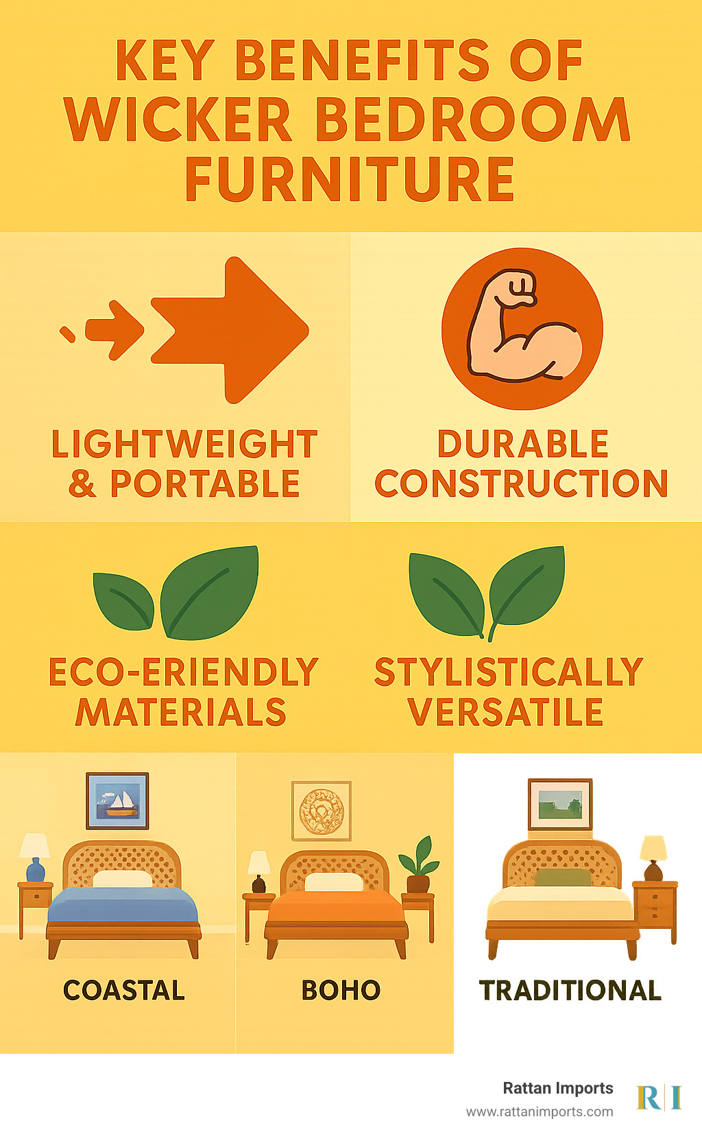 Infographic showing the four main benefits of wicker bedroom furniture: Lightweight and portable with moving arrows, Durable construction with strength indicators, Eco-friendly materials with green leaf symbols, and Stylistically versatile with multiple room style examples including coastal, boho, and traditional bedrooms - wicker bedroom furniture infographic 