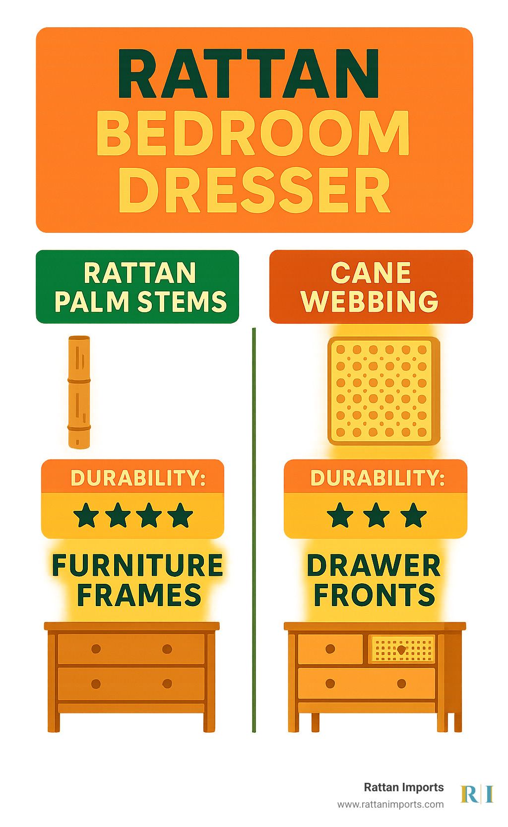 Infographic showing the differences between rattan palm stems used for furniture frames versus cane webbing used for drawer fronts, including durability ratings and typical uses in bedroom dresser construction - rattan bedroom dresser infographic Infographic showing the differences between rattan palm stems used for furniture frames versus cane webbing used for drawer fronts, including durability ratings and typical uses in bedroom dresser construction - rattan bedroom dresser infographic