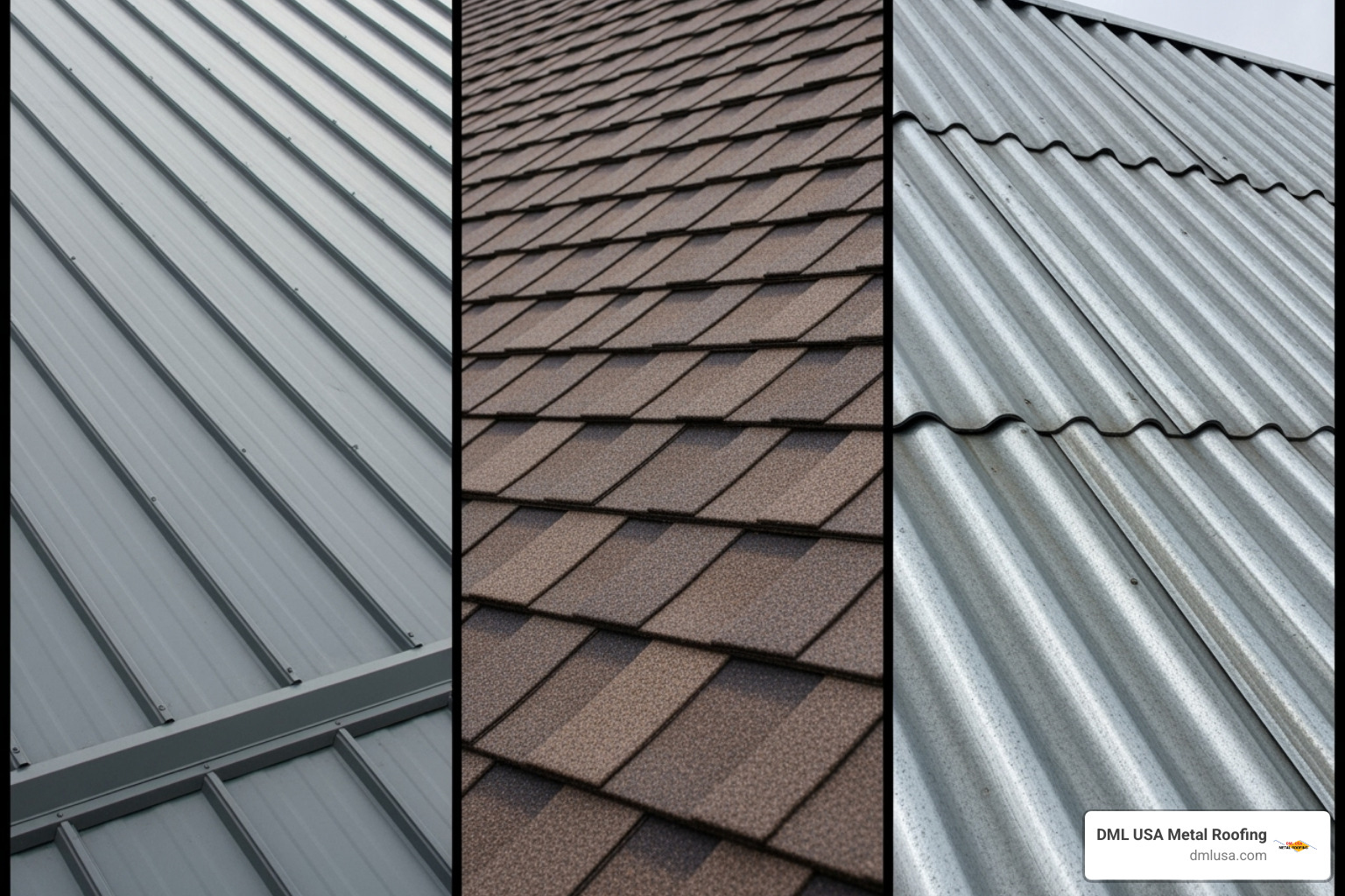 Image of different metal roof styles including standing seam, metal shingles, and corrugated panels - best metal roofing companies near me