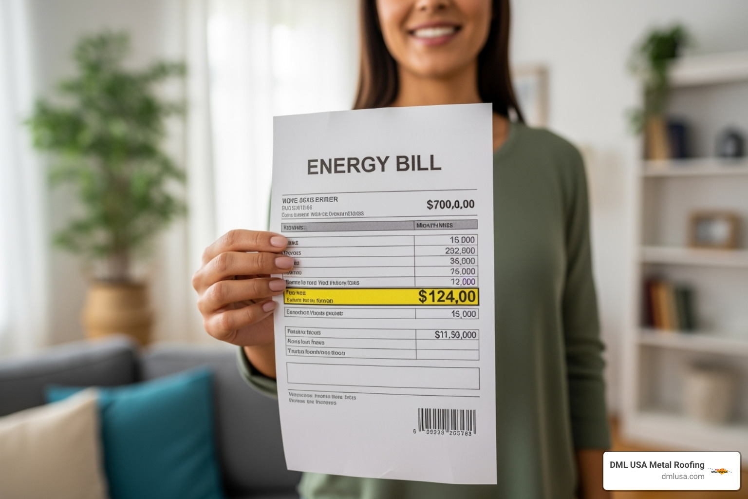 Image of a homeowner smiling while looking at their reduced energy bill - best metal roofing companies near me
