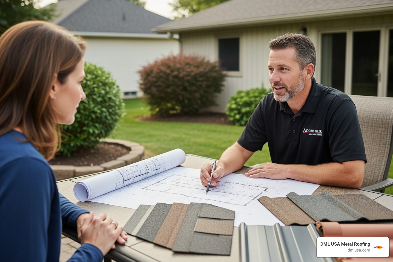 Image of a professional roofer providing a consultation to a homeowner - best metal roofing companies near me
