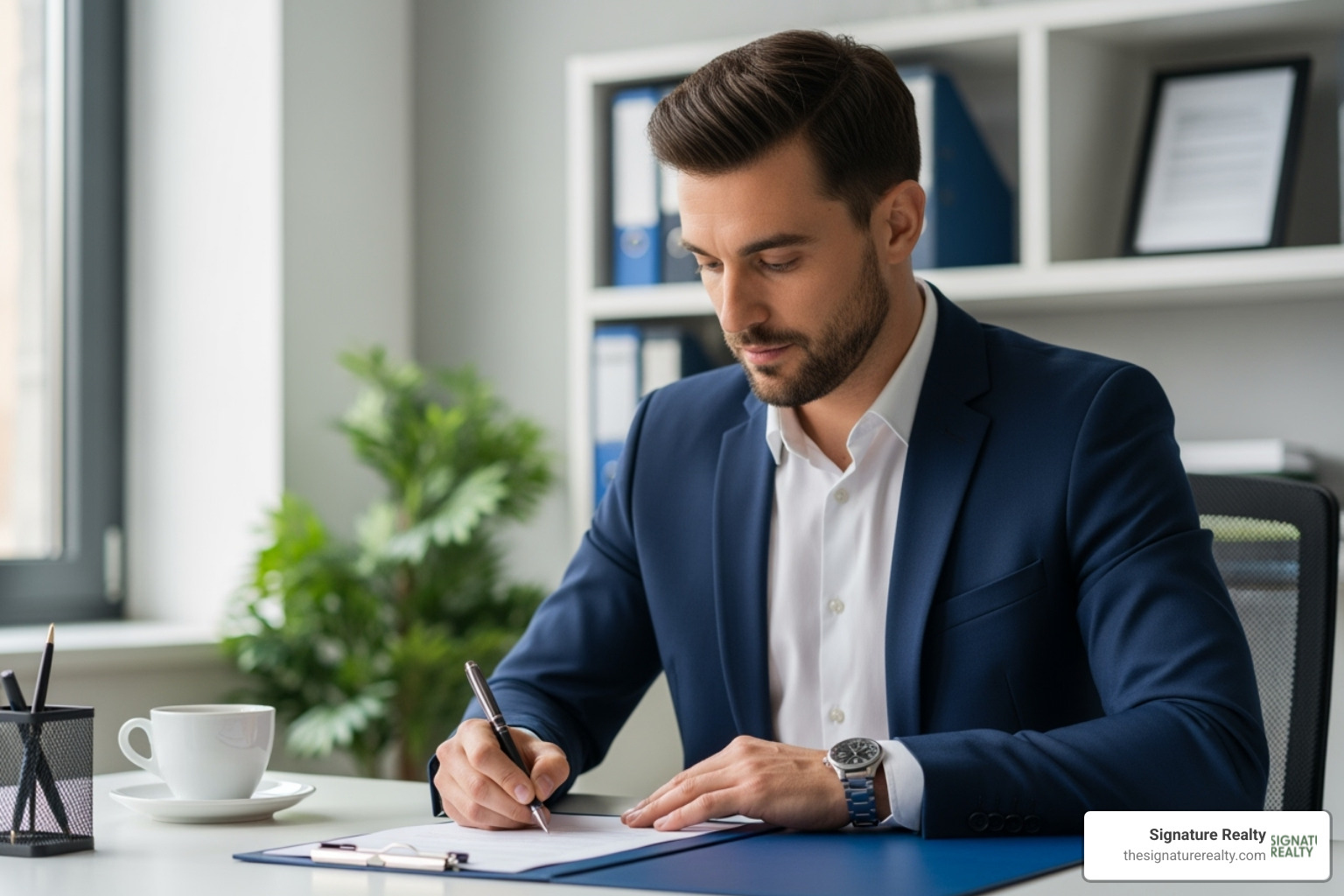 of a business professional confidently signing a document in a modern Medley office space - virtual office florida of a business professional confidently signing a document in a modern Medley office space - virtual office florida