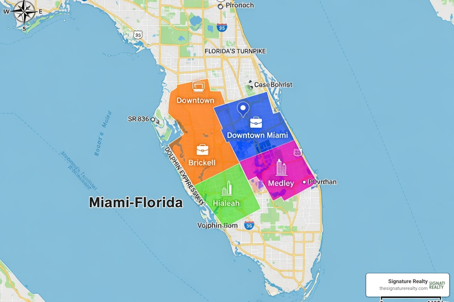 Image of a map highlighting key business districts in Miami, Doral, Hialeah, and Medley - florida virtual office Image of a map highlighting key business districts in Miami, Doral, Hialeah, and Medley - florida virtual office