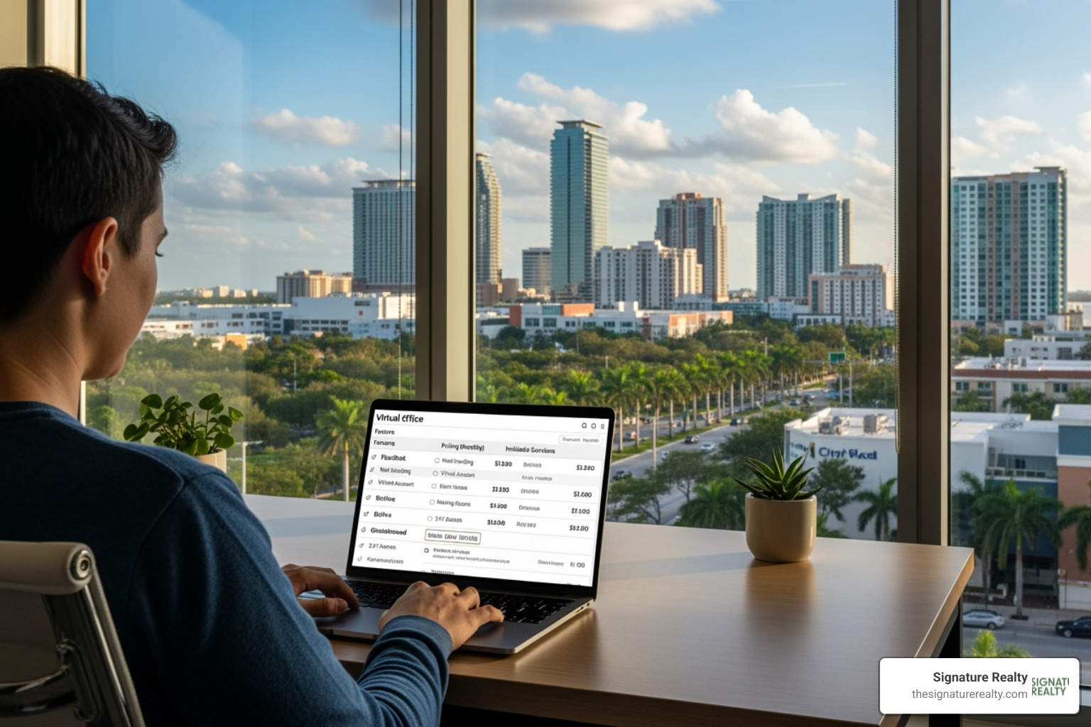 of a person comparing virtual office options on a laptop with a view of the Doral skyline - virtual office florida of a person comparing virtual office options on a laptop with a view of the Doral skyline - virtual office florida