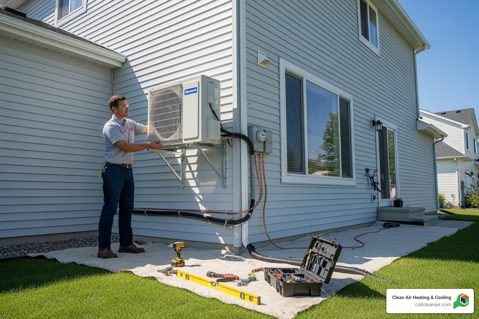 Certified technician professionally installing an outdoor mini-split unit - mini split installation Mount Vernon