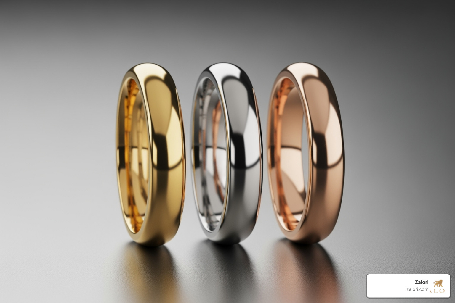 three identical rings in yellow gold, white gold, and rose gold to show color differences - High quality materials