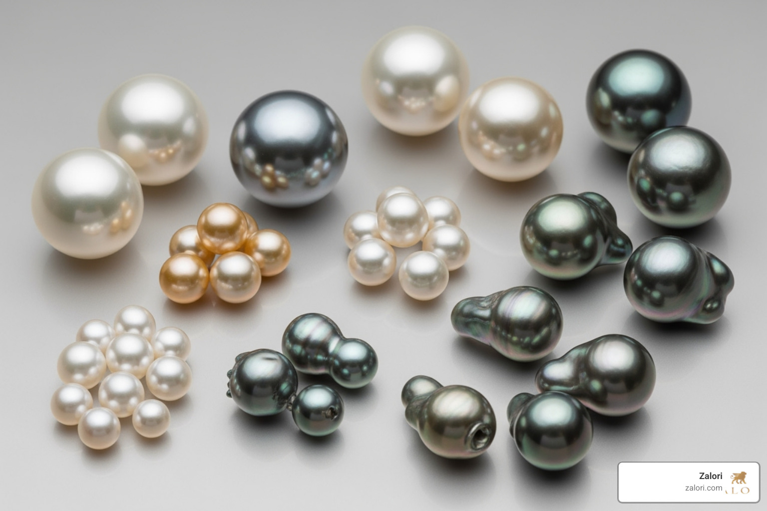 different types of high-quality pearls, showcasing their luster and shape - High quality materials