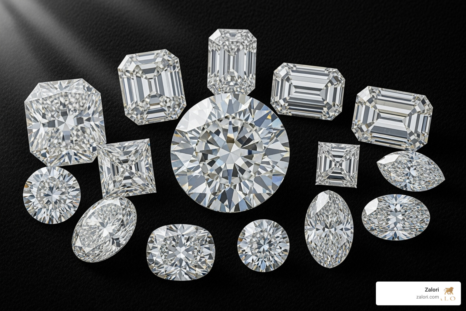 illustration of the 4 Cs of diamond quality (Cut, Color, Clarity, Carat) - High quality materials