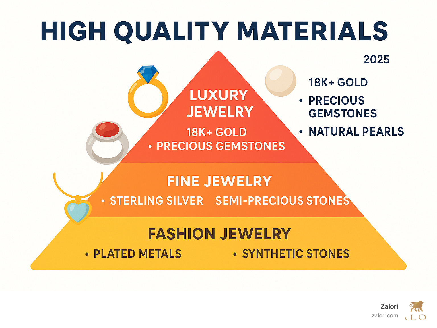 Infographic showing the hierarchy of jewelry materials from fashion jewelry at the bottom (plated metals, synthetic stones) to fine jewelry in the middle (sterling silver, semi-precious stones) to luxury jewelry at the top (18k+ gold, precious gemstones, natural pearls) - High quality materials infographic 