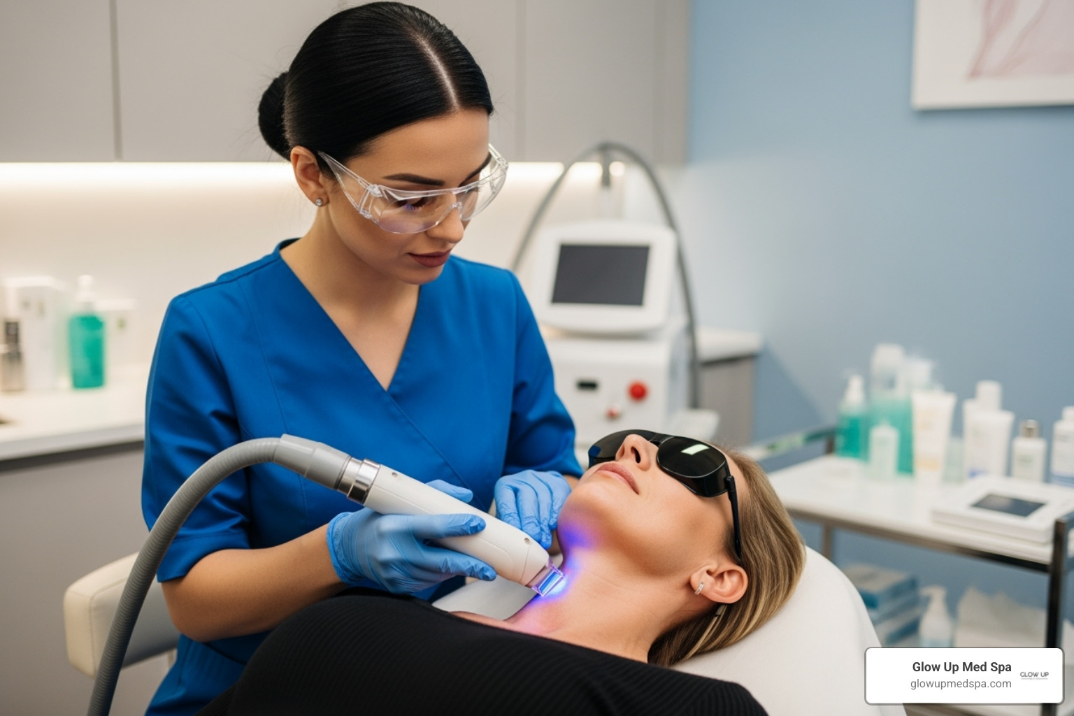 a non-invasive laser treatment being performed on a patient's neck - neck rejuvenation procedures