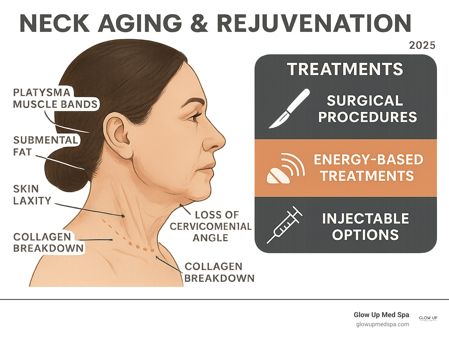 Comprehensive infographic showing the anatomy of neck aging including platysma muscle bands, submental fat accumulation, skin laxity, loss of cervicomental angle definition, and collagen breakdown, alongside treatment categories of surgical procedures, energy-based treatments, and injectable options - neck rejuvenation procedures infographic 