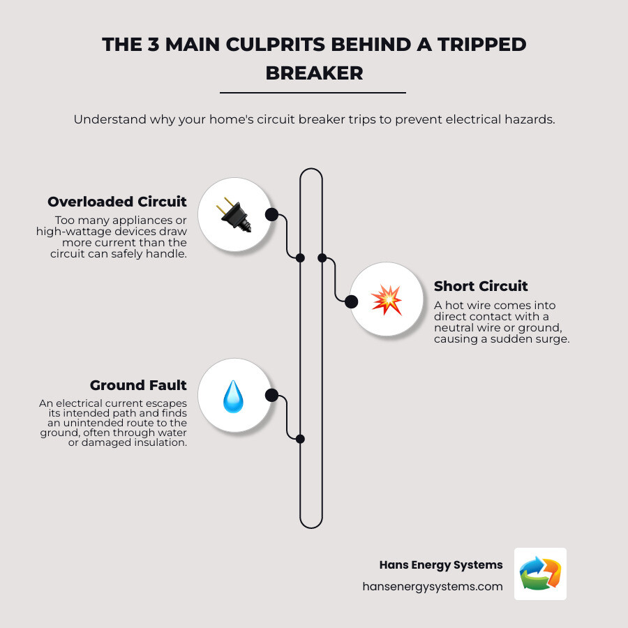 Infographic showing three main causes of circuit breaker trips: overloaded circuit with too many appliances plugged in, short circuit with damaged wiring where hot and neutral wires touch, and ground fault with hot wire touching ground or metal surface, each with warning symbols and brief explanations - Circuit breaker tripped infographic infographic-line-3-steps-neat_beige