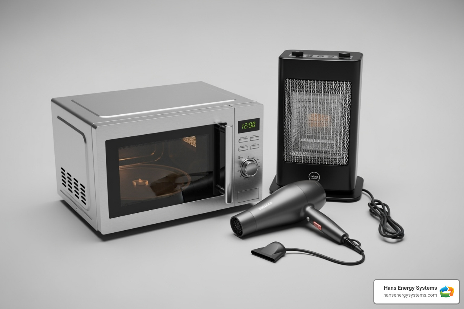 Common household appliances like a microwave, hair dryer, and space heater - Circuit breaker tripped