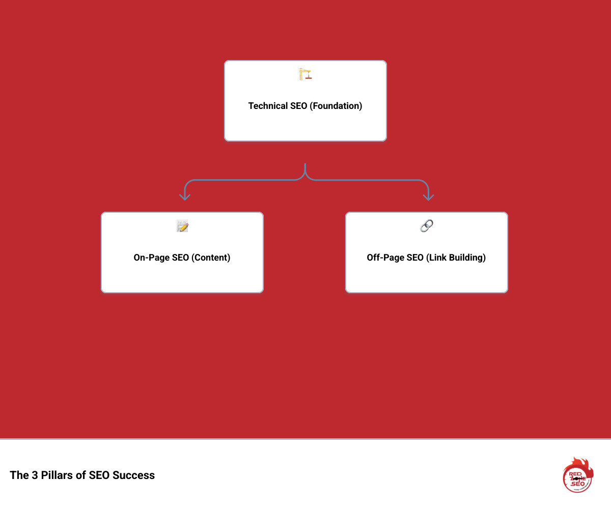 Infographic showing the three pillars of SEO: Technical SEO as the foundation supporting Content and Link Building, with arrows showing how technical issues can cause the entire structure to fail - why technical seo is important infographic hierarchy