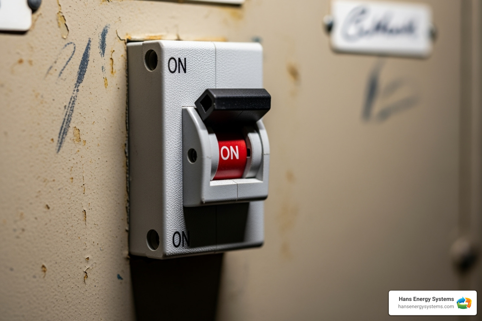 A single circuit breaker switch in the 'ON' position - Circuit breaker tripped