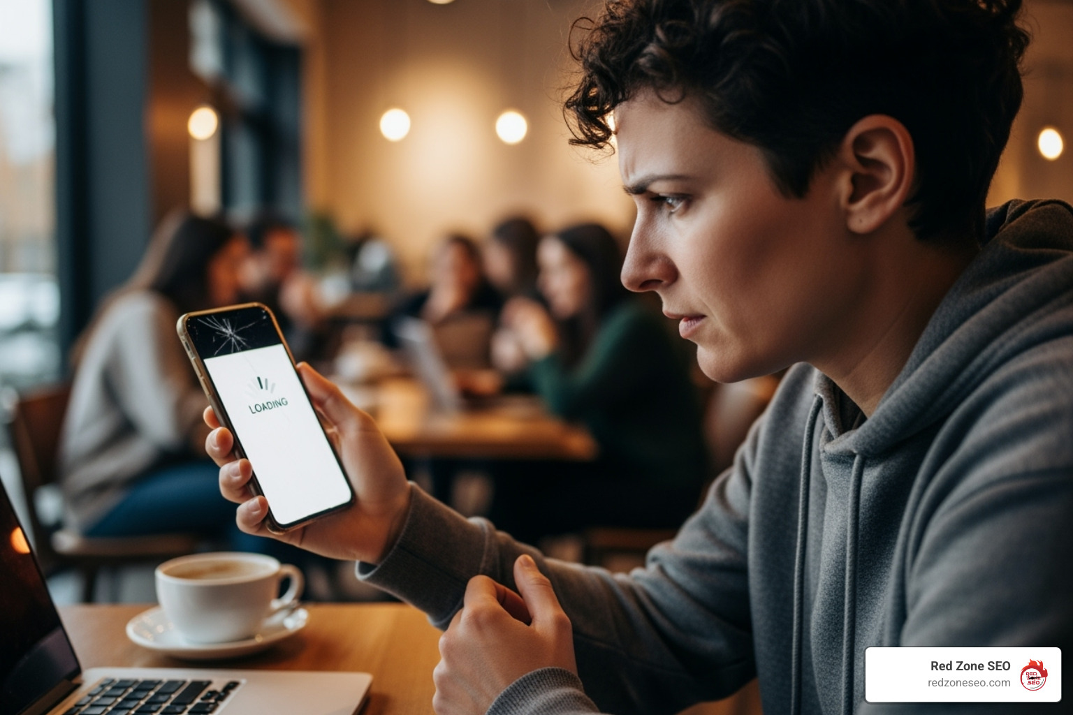 User looking frustrated at a slow-loading phone screen - why technical seo is important