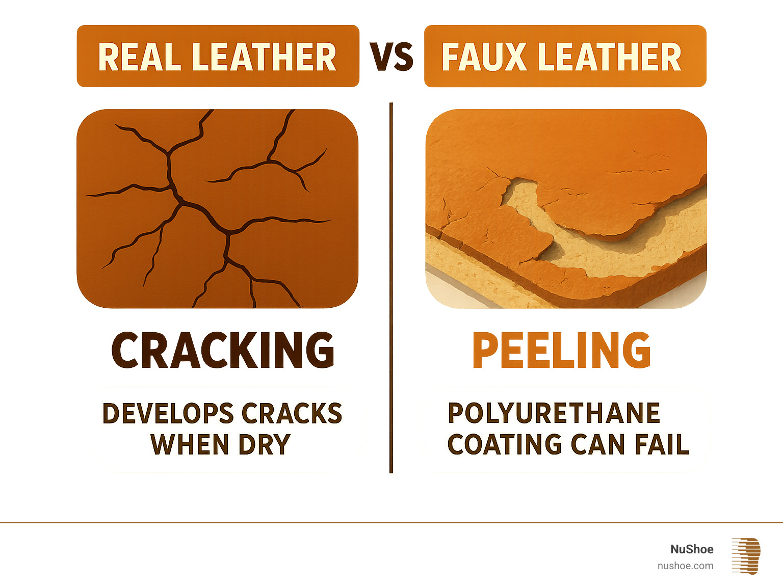 Detailed comparison infographic showing real leather vs faux leather characteristics, including how real leather develops cracks from dryness while faux leather peels due to polyurethane coating failure, with visual examples of each type of damage - Fix peeling leather boots infographic 