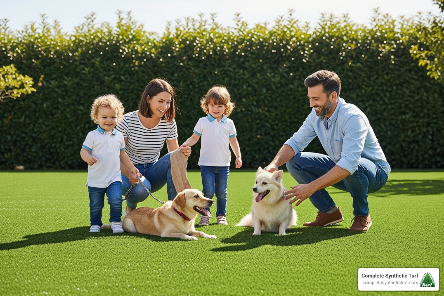 family with children and pets playing on a clean, vibrant artificial lawn - quality turf near me