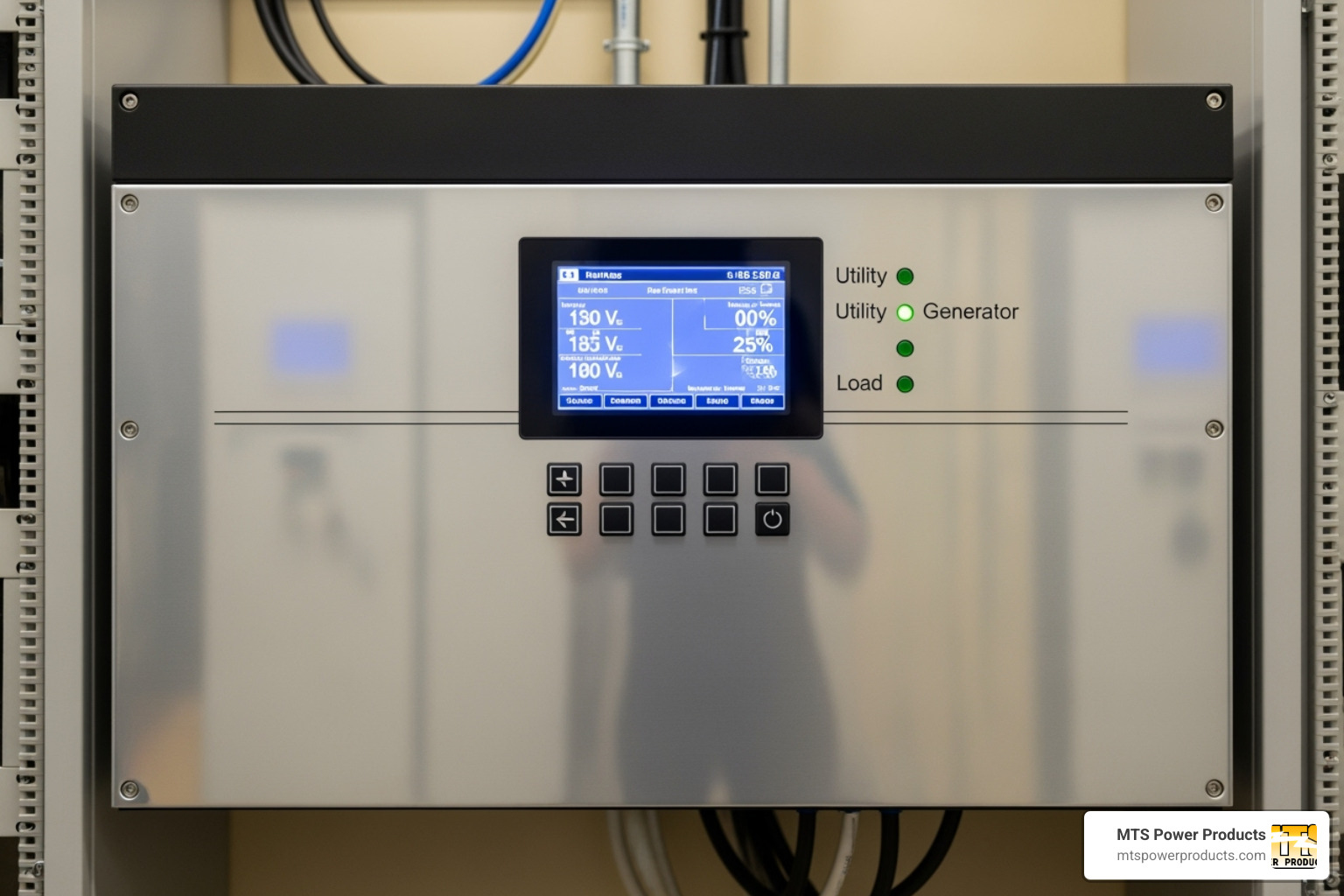 A modern, sleek automatic transfer switch with a digital display - automatic interlock transfer switch