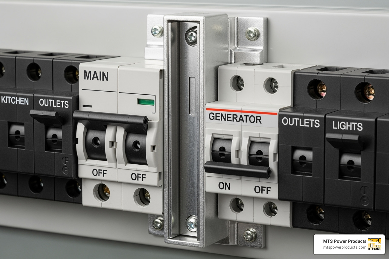 A generator interlock kit installed on a breaker panel, showing the sliding mechanism - automatic interlock transfer switch