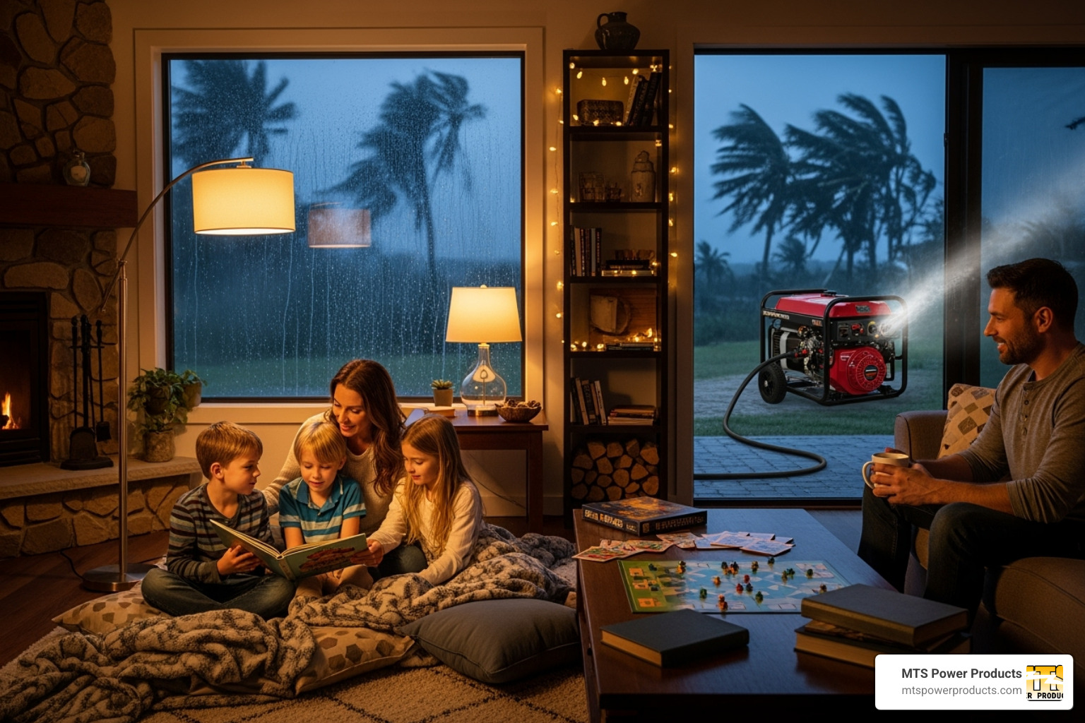 A family comfortably inside their well-lit home during a storm, with a generator running safely outside - automatic interlock transfer switch