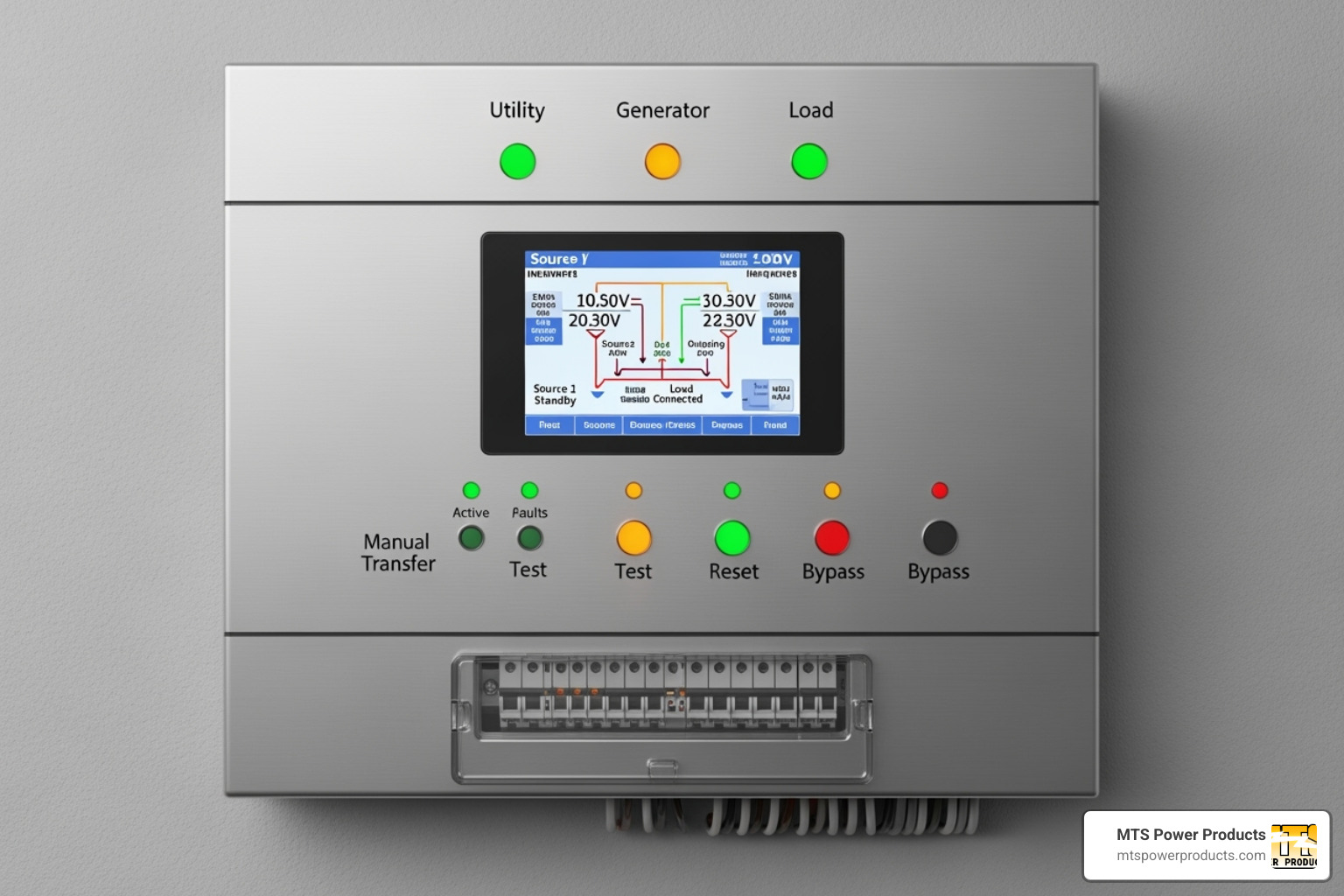 A wall-mounted automatic transfer switch unit with clear labeling - automatic interlock transfer switch