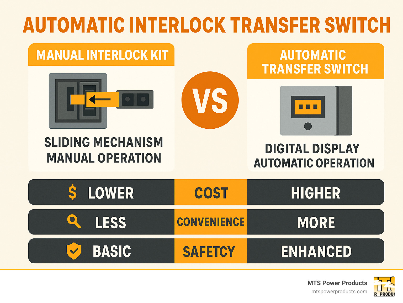 Comparison infographic showing manual interlock kit on left with sliding mechanism and manual operation versus automatic transfer switch on right with digital display and automatic operation, highlighting key differences in cost, convenience, and safety features - automatic interlock transfer switch infographic 
