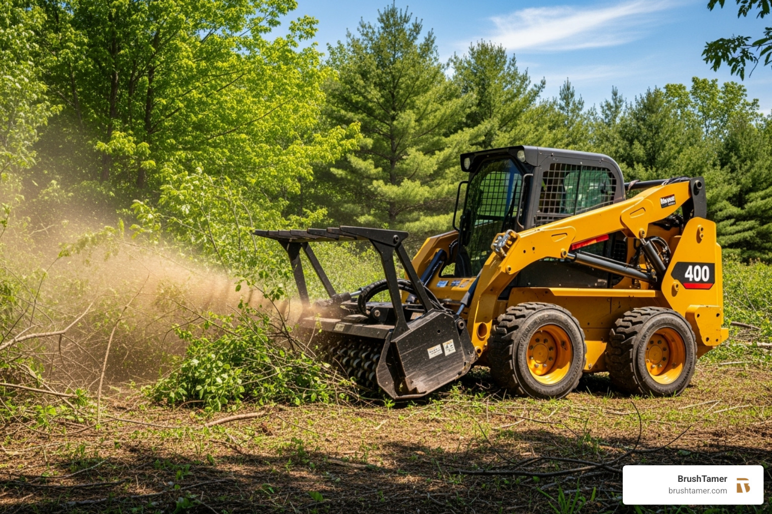 a skid steer with a forestry mulcher attachment - land clearing equipment a skid steer with a forestry mulcher attachment - land clearing equipment