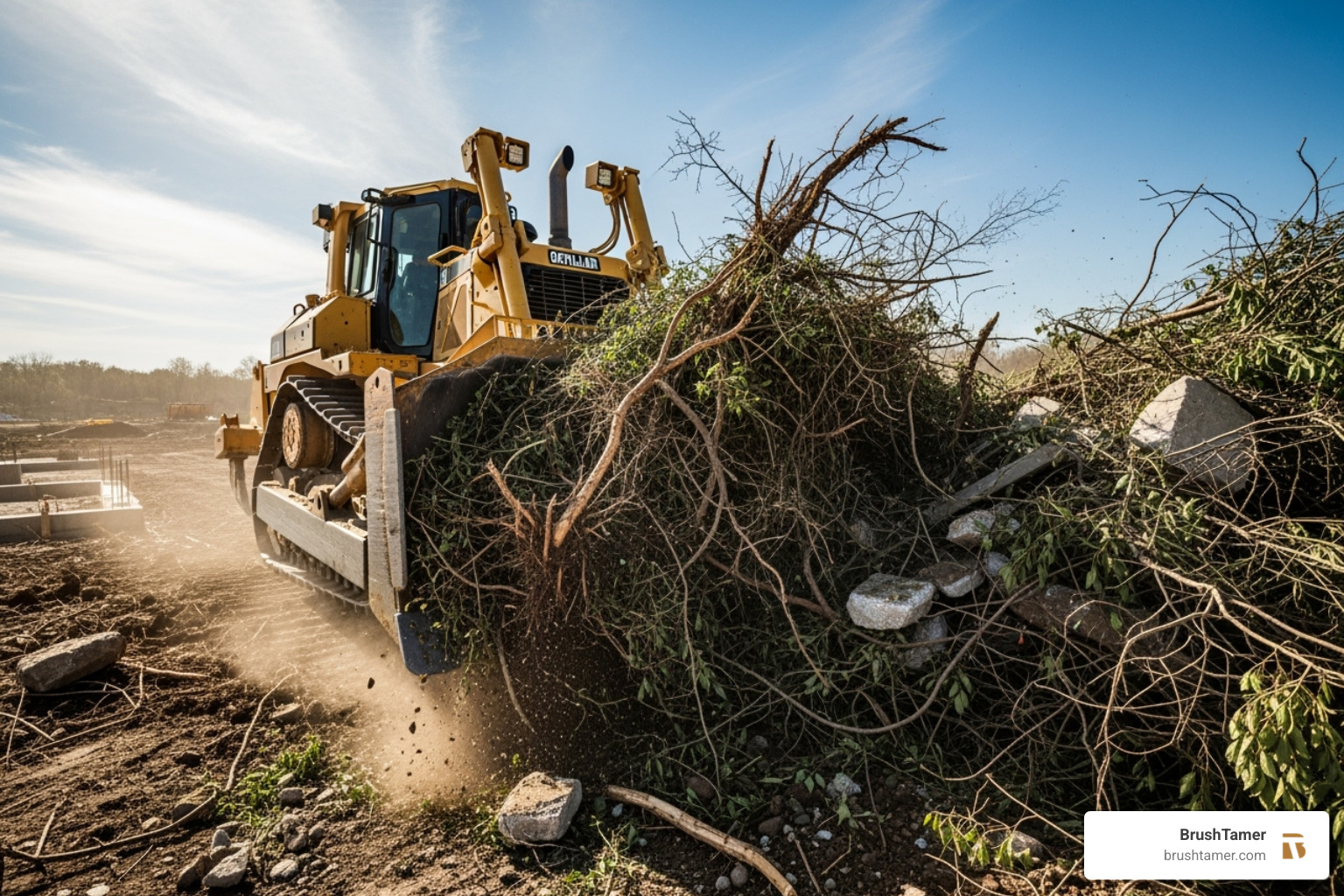 a bulldozer with a root rake attachment clearing a site - land clearing equipment a bulldozer with a root rake attachment clearing a site - land clearing equipment