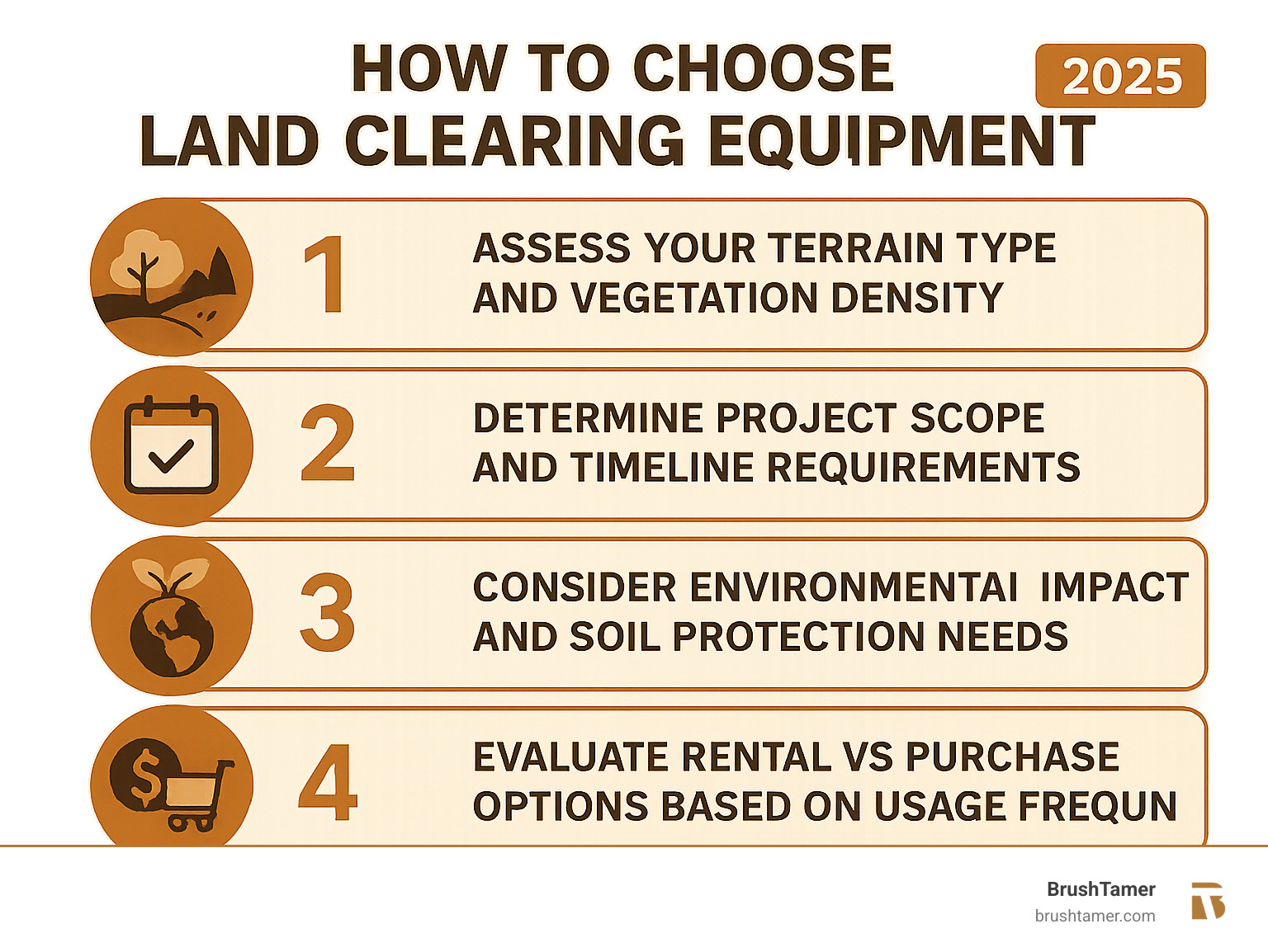 Comprehensive infographic showing the 4 key steps to selecting land clearing machinery: Step 1 - Assess your terrain type and vegetation density, Step 2 - Determine project scope and timeline requirements, Step 3 - Consider environmental impact and soil protection needs, Step 4 - Evaluate rental vs purchase options based on usage frequency - land clearing equipment infographic  Comprehensive infographic showing the 4 key steps to selecting land clearing machinery: Step 1 - Assess your terrain type and vegetation density, Step 2 - Determine project scope and timeline requirements, Step 3 - Consider environmental impact and soil protection needs, Step 4 - Evaluate rental vs purchase options based on usage frequency - land clearing equipment infographic