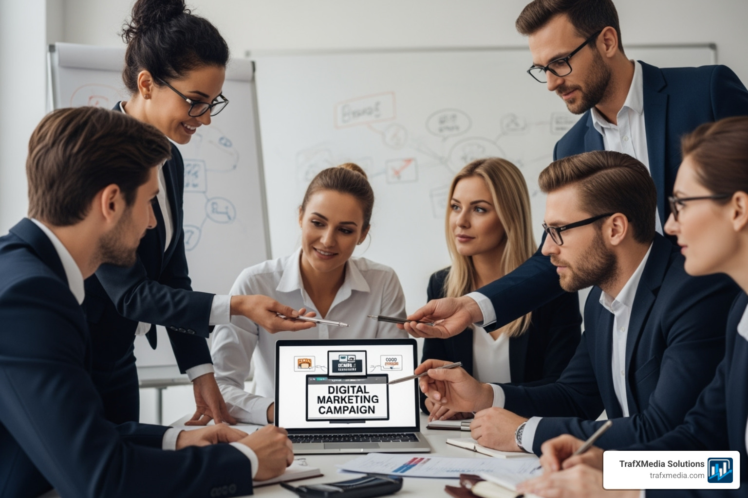 A client and agency team, with Caucasian individuals prominent, having a productive meeting over a laptop showing campaign ideas, with a whiteboard in the background - Facebook video ads agency
